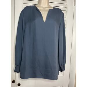 Lafayette 148 New York 100% silk blouse Small v‎ neck ribbed cuffs federal blue